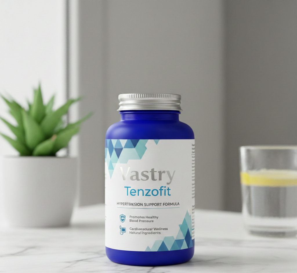 Realistic photo of TenzoFit natural blood pressure supplement bottle with red and white label, professional medical supplement packaging, sitting on clean white surface with subtle shadow